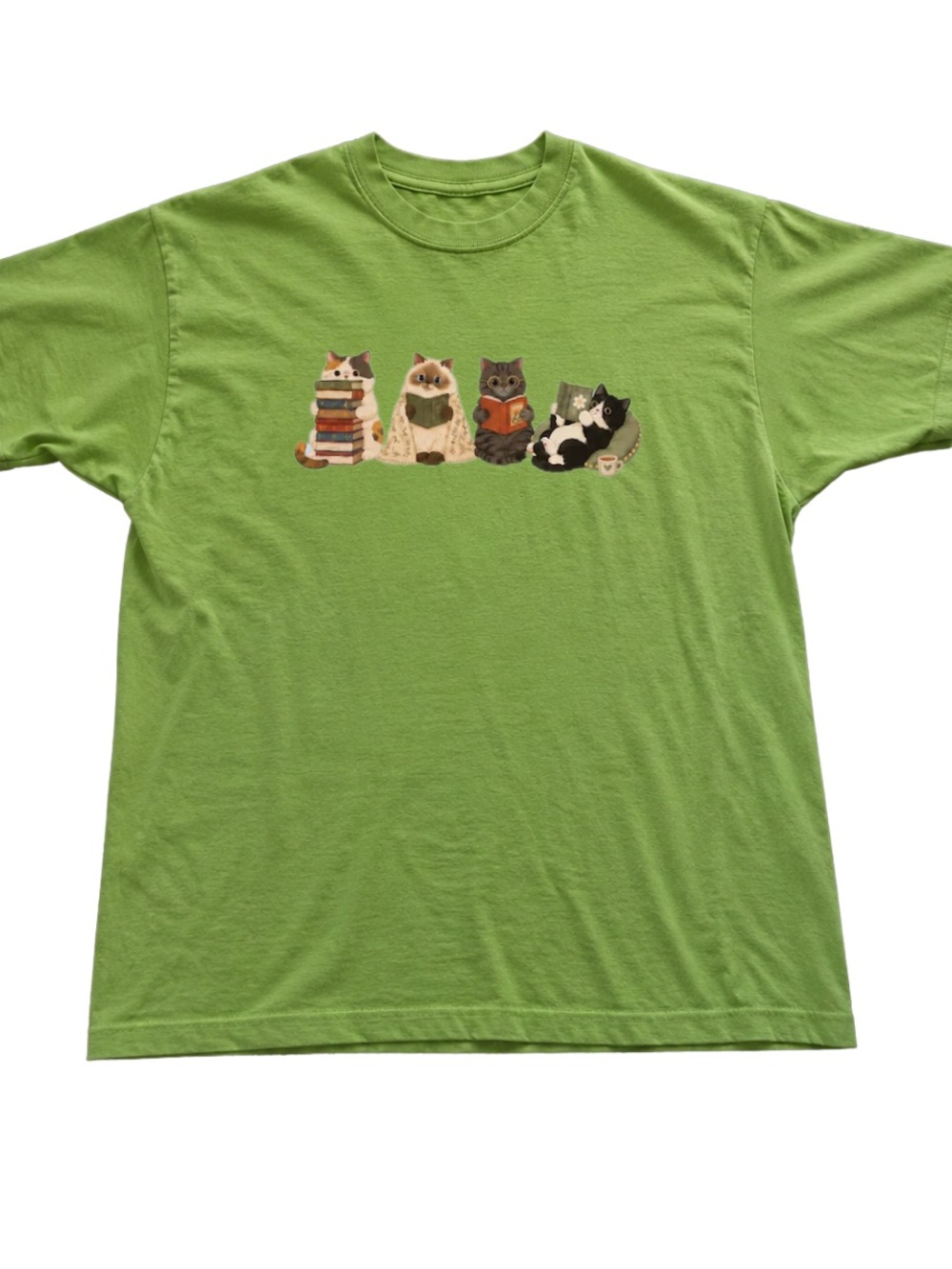 Lime Green Tee with Reading Cats Graphic